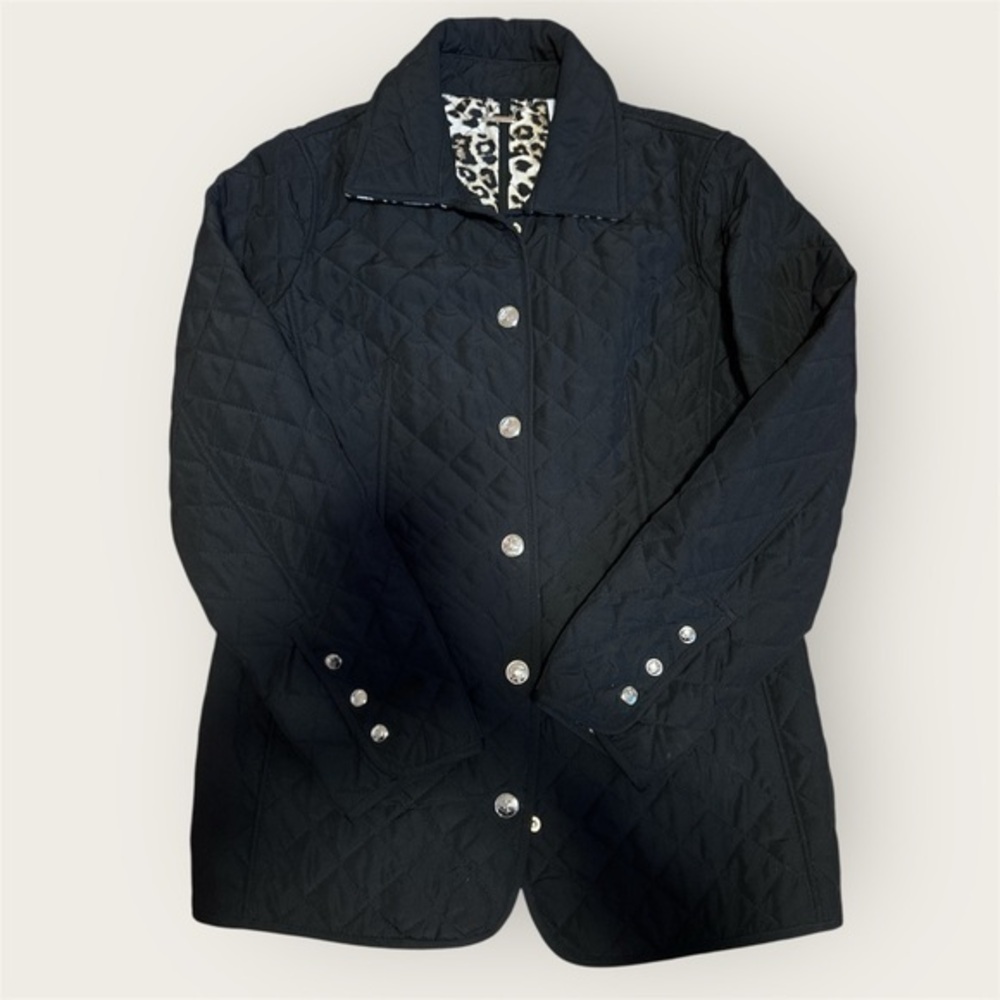 Chico’s quilted snap Front Jacket Black with Leopard Lining brand size 0 (4-6)